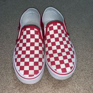 red & off white checkered slip on vans